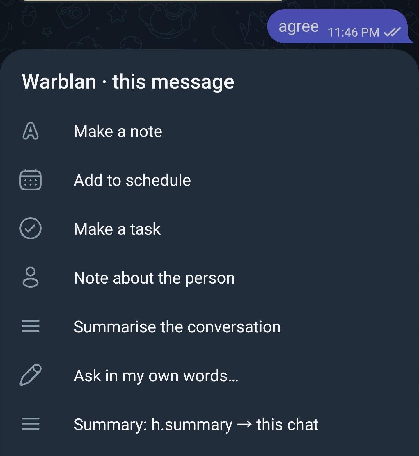 H1Gram’s Warblan message menu with note, schedule, task, person note and conversation-summary actions.