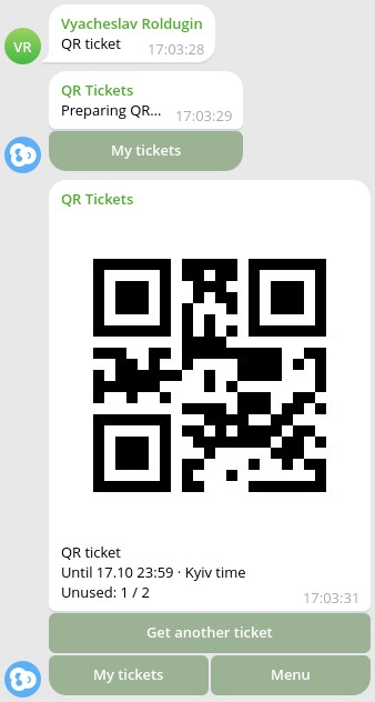 QR Tickets bot conversation showing the request, issued QR ticket, expiry and ticket navigation buttons.